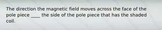 The direction the magnetic field moves across the face of the pole piece ____ the side of the pole piece that has the shaded coil.