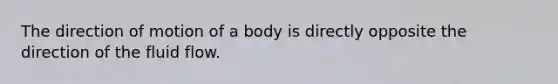 The direction of motion of a body is directly opposite the direction of the fluid flow.