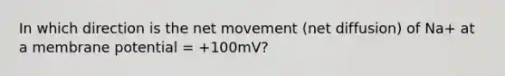 In which direction is the net movement (net diffusion) of Na+ at a membrane potential = +100mV?