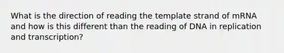 What is the direction of reading the template strand of mRNA and how is this different than the reading of DNA in replication and transcription?