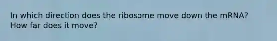 In which direction does the ribosome move down the mRNA? How far does it move?