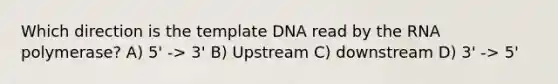 Which direction is the template DNA read by the RNA polymerase? A) 5' -> 3' B) Upstream C) downstream D) 3' -> 5'