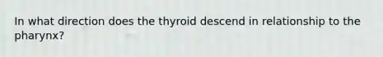 In what direction does the thyroid descend in relationship to the pharynx?