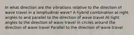 In what direction are the vibrations relative to the direction of wave travel in a longitudinal wave? A hybrid combination at right angles to and parallel to the direction of wave travel At right angles to the direction of wave travel In circles around the direction of wave travel Parallel to the direction of wave travel