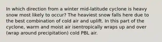 In which direction from a winter mid-latitude cyclone is heavy snow most likely to occur? The heaviest snow falls here due to the best combination of cold air and uplift. In this part of the cyclone, warm and moist air isentropically wraps up and over (wrap around precipitation) cold PBL air.