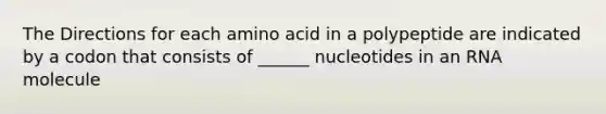 The Directions for each amino acid in a polypeptide are indicated by a codon that consists of ______ nucleotides in an RNA molecule