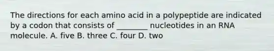 The directions for each amino acid in a polypeptide are indicated by a codon that consists of ________ nucleotides in an RNA molecule. A. five B. three C. four D. two