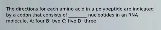 The directions for each amino acid in a polypeptide are indicated by a codon that consists of ________ nucleotides in an RNA molecule. A: four B: two C: five D: three