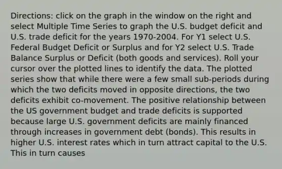 ​Directions: click on the graph in the window on the right and select Multiple Time Series to graph the U.S. budget deficit and U.S. trade deficit for the years​ 1970-2004. For Y1 select U.S. Federal Budget Deficit or Surplus and for Y2 select U.S. Trade Balance Surplus or Deficit​ (both goods and​ services). Roll your cursor over the plotted lines to identify the data. The plotted series show that while there were a few small​ sub-periods during which the two deficits moved in opposite​ directions, the two deficits exhibit​ co-movement. The positive relationship between the US government budget and trade deficits is supported because large U.S. government deficits are mainly financed through increases in government debt​ (bonds). This results in higher U.S. interest rates which in turn attract capital to the U.S. This in turn causes