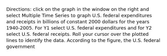 ​Directions: click on the graph in the window on the right and select Multiple Time Series to graph U.S. federal expenditures and receipts in billions of constant 2000 dollars for the years​ 1940-2005. For Y1 select U.S. federal expenditures and for Y2 select U.S. federal receipts. Roll your cursor over the plotted lines to identify the data. According to the​ figure, the U.S. federal government