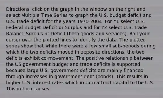 Directions: click on the graph in the window on the right and select Multiple Time Series to graph the U.S. budget deficit and U.S. trade deficit for the years​ 1970-2004. For Y1 select U.S. Federal Budget Deficit or Surplus and for Y2 select U.S. Trade Balance Surplus or Deficit​ (both goods and​ services). Roll your cursor over the plotted lines to identify the data. The plotted series show that while there were a few small​ sub-periods during which the two deficits moved in opposite​ directions, the two deficits exhibit​ co-movement. The positive relationship between the US government budget and trade deficits is supported because large U.S. government deficits are mainly financed through increases in government debt​ (bonds). This results in higher U.S. interest rates which in turn attract capital to the U.S. This in turn causes