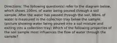 Directions: The following question(s) refer to the diagram below, which shows 100mL of water being poured through a soil sample. After the water has passed through the soil, 98mL of water is measured in the collection tray below the sample. (picture showing water being poured into a soil mixture and exiting into a collection tray) Which of the following properties of the soil sample most influences the flow of water through the sample?