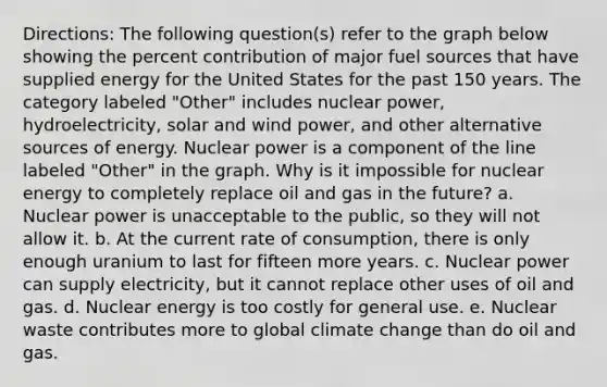 Directions: The following question(s) refer to the graph below showing the percent contribution of major fuel sources that have supplied energy for the United States for the past 150 years. The category labeled "Other" includes nuclear power, hydroelectricity, solar and wind power, and other alternative sources of energy. Nuclear power is a component of the line labeled "Other" in the graph. Why is it impossible for nuclear energy to completely replace oil and gas in the future? a. Nuclear power is unacceptable to the public, so they will not allow it. b. At the current rate of consumption, there is only enough uranium to last for fifteen more years. c. Nuclear power can supply electricity, but it cannot replace other uses of oil and gas. d. Nuclear energy is too costly for general use. e. Nuclear waste contributes more to global climate change than do oil and gas.