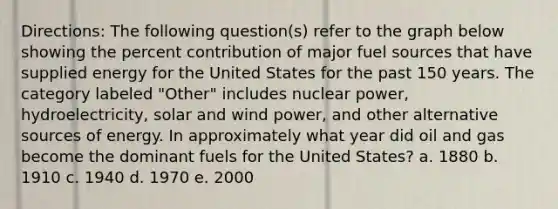 Directions: The following question(s) refer to the graph below showing the percent contribution of major fuel sources that have supplied energy for the United States for the past 150 years. The category labeled "Other" includes nuclear power, hydroelectricity, solar and wind power, and other alternative sources of energy. In approximately what year did oil and gas become the dominant fuels for the United States? a. 1880 b. 1910 c. 1940 d. 1970 e. 2000