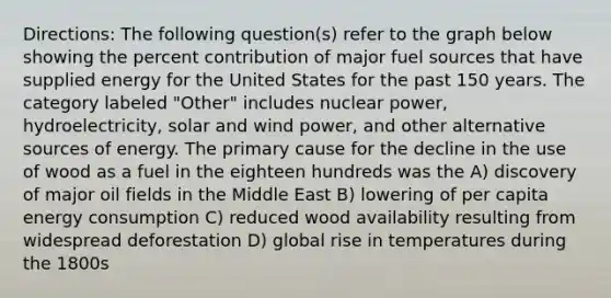 Directions: The following question(s) refer to the graph below showing the percent contribution of major fuel sources that have supplied energy for the United States for the past 150 years. The category labeled "Other" includes nuclear power, hydroelectricity, solar and wind power, and other alternative sources of energy. The primary cause for the decline in the use of wood as a fuel in the eighteen hundreds was the A) discovery of major oil fields in the Middle East B) lowering of per capita energy consumption C) reduced wood availability resulting from widespread deforestation D) global rise in temperatures during the 1800s