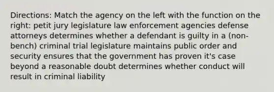 Directions: Match the agency on the left with the function on the right: petit jury legislature law enforcement agencies defense attorneys determines whether a defendant is guilty in a (non-bench) criminal trial legislature maintains public order and security ensures that the government has proven it's case beyond a reasonable doubt determines whether conduct will result in criminal liability