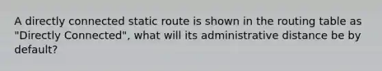 A directly connected static route is shown in the routing table as "Directly Connected", what will its administrative distance be by default?