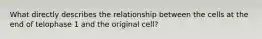 What directly describes the relationship between the cells at the end of telophase 1 and the original cell?