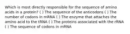 Which is most directly responsible for the sequence of amino acids in a protein? ( ) The sequence of the anticodons ( ) The number of codons in mRNA ( ) The enzyme that attaches the amino acid to the tRNA ( ) The proteins associated with the rRNA ( ) The sequence of codons in mRNA