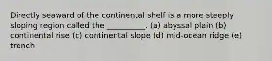 Directly seaward of the continental shelf is a more steeply sloping region called the __________. (a) abyssal plain (b) continental rise (c) continental slope (d) mid-ocean ridge (e) trench