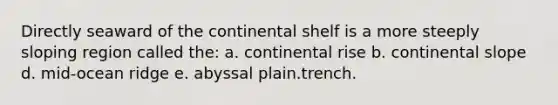 Directly seaward of the continental shelf is a more steeply sloping region called the: a. continental rise b. continental slope d. mid-ocean ridge e. abyssal plain.trench.