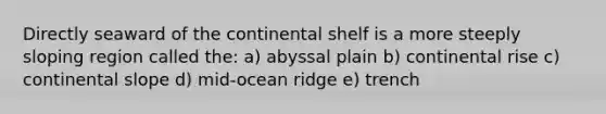 Directly seaward of the continental shelf is a more steeply sloping region called the: a) abyssal plain b) continental rise c) continental slope d) mid-ocean ridge e) trench