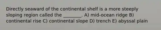 Directly seaward of the continental shelf is a more steeply sloping region called the ________. A) mid-ocean ridge B) continental rise C) continental slope D) trench E) abyssal plain