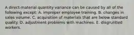 A direct-material quantity variance can be caused by all of the following except: A. improper employee training. B. changes in sales volume. C. acquisition of materials that are below standard quality. D. adjustment problems with machines. E. disgruntled workers.