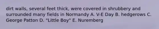 dirt walls, several feet thick, were covered in shrubbery and surrounded many fields in Normandy A. V-E Day B. hedgerows C. George Patton D. "Little Boy" E. Nuremberg