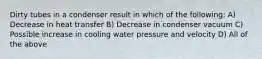 Dirty tubes in a condenser result in which of the following: A) Decrease in heat transfer B) Decrease in condenser vacuum C) Possible increase in cooling water pressure and velocity D) All of the above