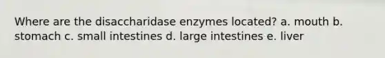 Where are the disaccharidase enzymes located? a. mouth b. stomach c. small intestines d. large intestines e. liver