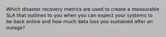 Which disaster recovery metrics are used to create a measurable SLA that outlines to you when you can expect your systems to be back online and how much data loss you sustained after an outage?