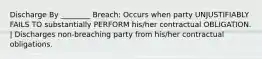 Discharge By ________ Breach: Occurs when party UNJUSTIFIABLY FAILS TO substantially PERFORM his/her contractual OBLIGATION. | Discharges non-breaching party from his/her contractual obligations.