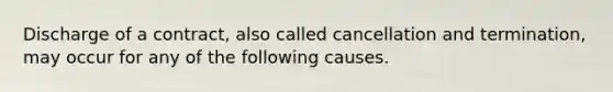 Discharge of a contract, also called cancellation and termination, may occur for any of the following causes.