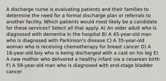 A discharge nurse is evaluating patients and their families to determine the need for a formal discharge plan or referrals to another facility. Which patients would most likely be a candidate for these services? Select all that apply. A) An older adult who is diagnosed with dementia in the hospital B) A 45-year-old man who is diagnosed with Parkinson's disease C) A 35-year-old woman who is receiving chemotherapy for breast cancer D) A 16-year-old boy who is being discharged with a cast on his leg E) A new mother who delivered a healthy infant via a cesarean birth F) A 59-year-old man who is diagnosed with end-stage bladder cancer