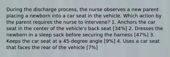 During the discharge process, the nurse observes a new parent placing a newborn into a car seat in the vehicle. Which action by the parent requires the nurse to intervene? 1. Anchors the car seat in the center of the vehicle's back seat [34%] 2. Dresses the newborn in a sleep sack before securing the harness [47%] 3. Keeps the car seat at a 45-degree angle [9%] 4. Uses a car seat that faces the rear of the vehicle [7%]