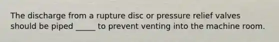 The discharge from a rupture disc or pressure relief valves should be piped _____ to prevent venting into the machine room.