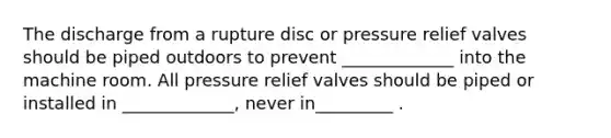 The discharge from a rupture disc or pressure relief valves should be piped outdoors to prevent _____________ into the machine room. All pressure relief valves should be piped or installed in _____________, never in_________ .