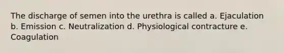 The discharge of semen into the urethra is called a. Ejaculation b. Emission c. Neutralization d. Physiological contracture e. Coagulation