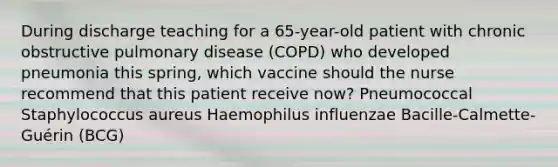 During discharge teaching for a 65-year-old patient with chronic obstructive pulmonary disease (COPD) who developed pneumonia this spring, which vaccine should the nurse recommend that this patient receive now? Pneumococcal Staphylococcus aureus Haemophilus influenzae Bacille-Calmette-Guérin (BCG)