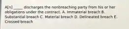 A[n] _____ discharges the nonbreaching party from his or her obligations under the contract. A. Immaterial breach B. Substantial breach C. Material breach D. Delineated breach E. Crossed breach