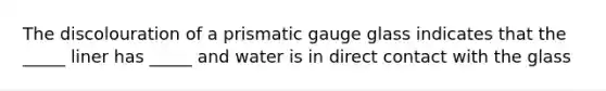 The discolouration of a prismatic gauge glass indicates that the _____ liner has _____ and water is in direct contact with the glass