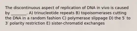 The discontinuous aspect of replication of DNA in vivo is caused by ________. A) trinucleotide repeats B) topoisomerases cutting the DNA in a random fashion C) polymerase slippage D) the 5′ to 3′ polarity restriction E) sister-chromatid exchanges