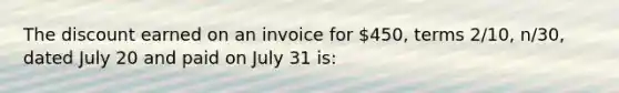 The discount earned on an invoice for 450, terms 2/10, n/30, dated July 20 and paid on July 31 is: