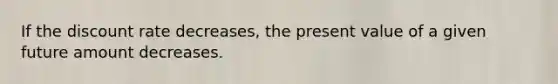 If the discount rate decreases, the present value of a given future amount decreases.