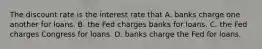 The discount rate is the interest rate that A. banks charge one another for loans. B. the Fed charges banks for loans. C. the Fed charges Congress for loans. D. banks charge the Fed for loans.