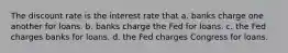 The discount rate is the interest rate that a. banks charge one another for loans. b. banks charge the Fed for loans. c. the Fed charges banks for loans. d. the Fed charges Congress for loans.