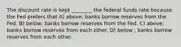 The discount rate is kept ________ the federal funds rate because the Fed prefers that A) above; banks borrow reserves from the Fed. B) below; banks borrow reserves from the Fed. C) above; banks borrow reserves from each other. D) below ; banks borrow reserves from each other.