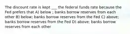 The discount rate is kept ___ the federal funds rate because the Fed prefers that A) below ; banks borrow reserves from each other B) below; banks borrow reserves from the Fed C) above; banks borrow reserves from the Fed D) above; banks borrow reserves from each other