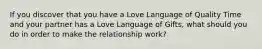 If you discover that you have a Love Language of Quality Time and your partner has a Love Language of Gifts, what should you do in order to make the relationship work?